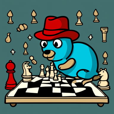 Go Blue Gopher, adorned in a red fedora hat with a black stripe, plays chess with Death.