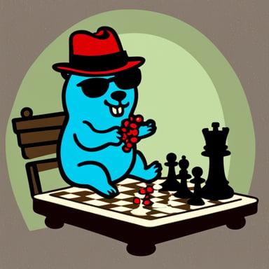 Go Blue Gopher, adorned in a red fedora hat with a black stripe, plays chess with Death.