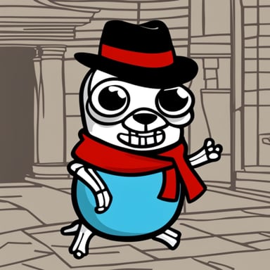 The skeleton of Go Blue Gopher, adorned in a red fedora hat with a black stripe.