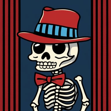 The skeleton of Go Blue Gopher, adorned in a red fedora hat with a black stripe.