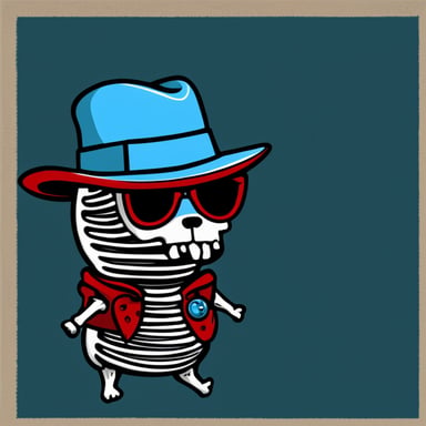 The skeleton of Go Blue Gopher, adorned in a red fedora hat with a black stripe.