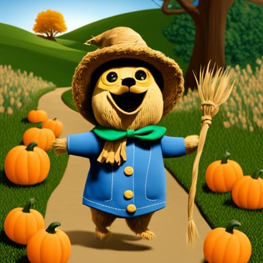 Go Blue Gopher as the Scarecrow on the Yellow Brick Road eating pumpkins.
