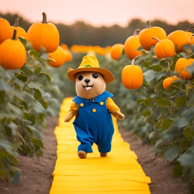 Go Blue Gopher as the Scarecrow on the Yellow Brick Road eating pumpkins.