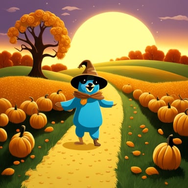 Go Blue Gopher as the Scarecrow on the Yellow Brick Road eating pumpkins.