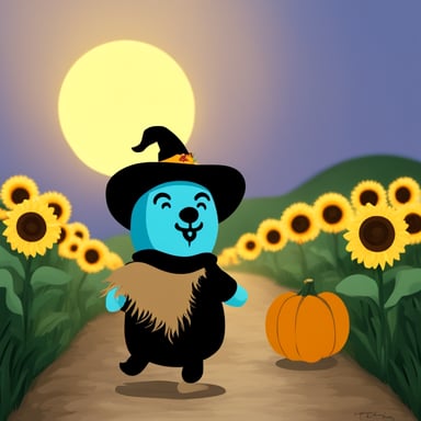 Go Blue Gopher as the Scarecrow on the Yellow Brick Road eating pumpkins.
