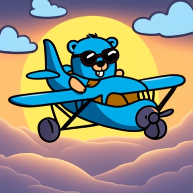 Go Blue Gopher flying an airplane into the sun.