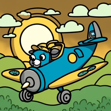 Go Blue Gopher flying an airplane into the sun.