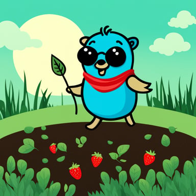 Go Blue Gopher as a bird planting strawberries in a field.
