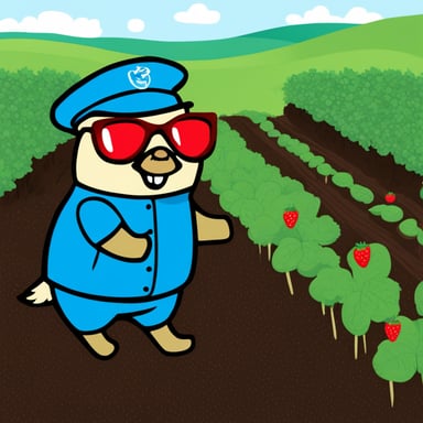 Go Blue Gopher as a bird planting strawberries in a field.