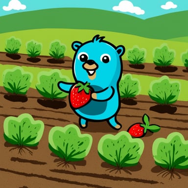 Go Blue Gopher as a bird planting strawberries in a field.