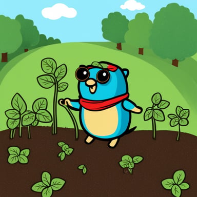 Go Blue Gopher as a bird planting strawberries in a field.