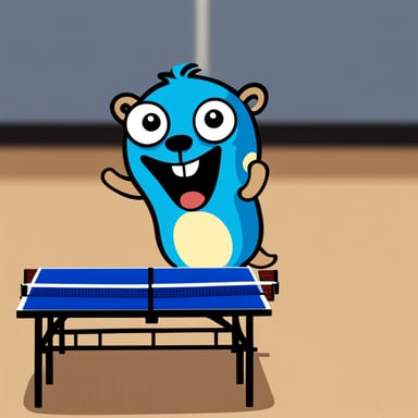 Go Blue Gopher playing table tennis happily.