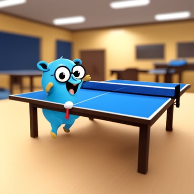 Go Blue Gopher playing table tennis happily.