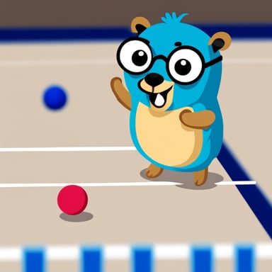 Go Blue Gopher playing table tennis happily.