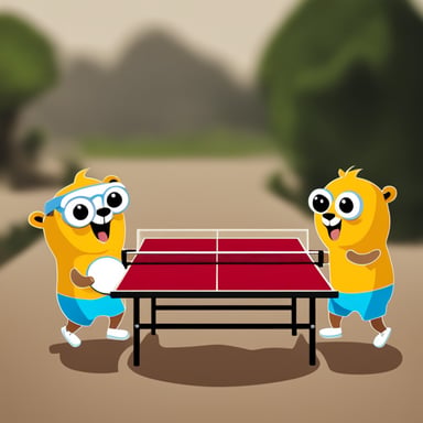 Go Blue Gopher playing table tennis happily.