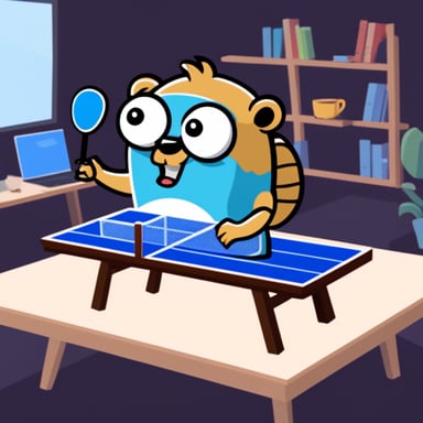 Go Blue Gopher playing pingpong happily while coding.