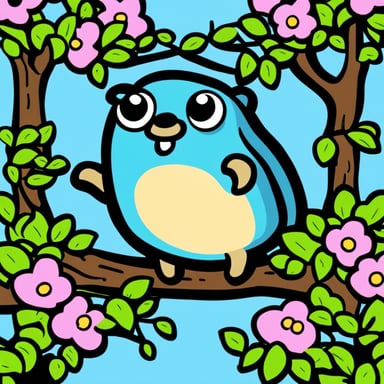 Happy Go Blue Gopher watching flowering trees.
