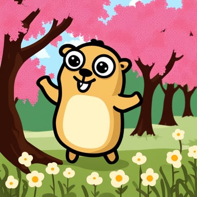 Happy Go Blue Gopher watching flowering trees.