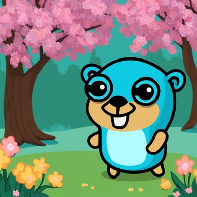 Happy Go Blue Gopher watching flowering trees.