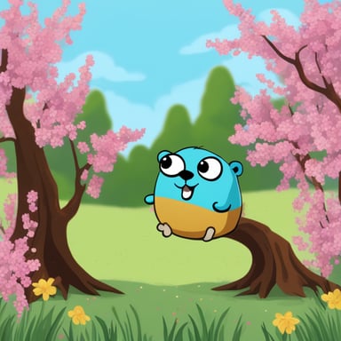 Happy Go Blue Gopher watching flowering trees.