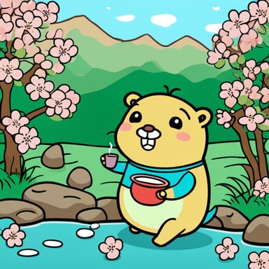 Happy Go Blue Gopher sipping green tea in a Japanese garden with cherry blossoms and a pond.