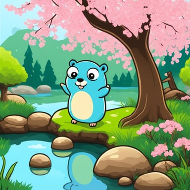 Happy Go Blue Gopher sipping green tea in a Japanese garden with cherry blossoms and a pond.