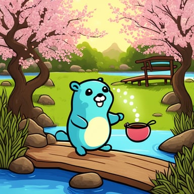 Happy Go Blue Gopher sipping green tea in a Japanese garden with cherry blossoms and a pond.