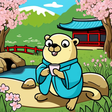 Happy Go Blue Gopher sipping green tea in a Japanese garden with cherry blossoms and a pond.