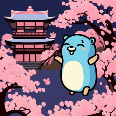 Happy Go Blue Gopher doing hanami in Japan.