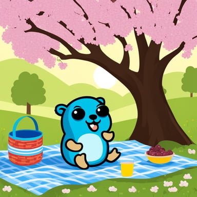 Happy Go Blue Gopher having a picnic beneath flowering cherry trees.
