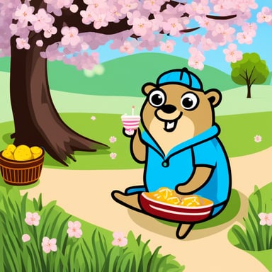 Happy Go Blue Gopher having a picnic beneath flowering cherry trees.