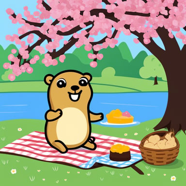 Happy Go Blue Gopher having a picnic beneath flowering cherry trees.