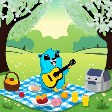 Happy Go Blue Gopher having a picnic beneath flowering cherry trees.