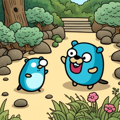 Happy Go Blue Gopher meeting another gopher in a Japanese garden.
