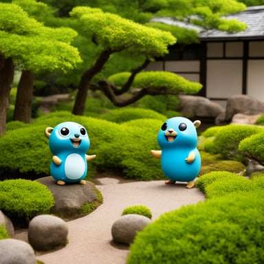 Happy Go Blue Gopher meeting another gopher in a Japanese garden.