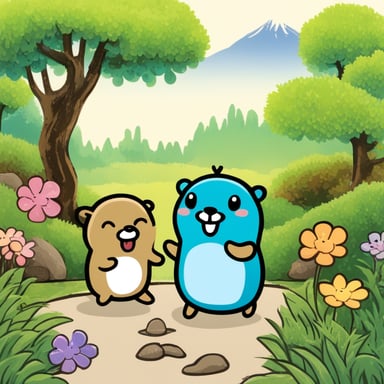 Happy Go Blue Gopher meeting another gopher in a Japanese garden.