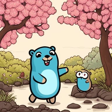 Happy Go Blue Gopher meeting another gopher in a Japanese garden.