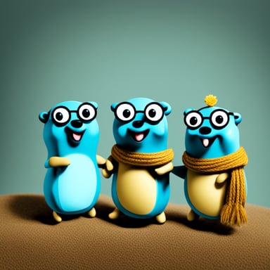 Go Blue Gopher and two friends form a group of three happy blue gophers.
