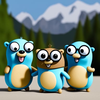 Go Blue Gopher and two friends form a group of three happy blue gophers.
