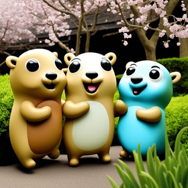 Happy Go Blue Gopher with two friends in a Japanese garden in spring.
