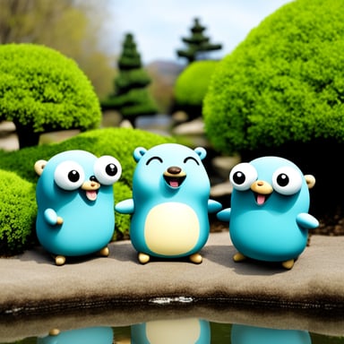 Happy Go Blue Gopher with two friends in a Japanese garden in spring.