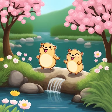 Happy Go Blue Gopher with two friends in a Japanese garden in spring.