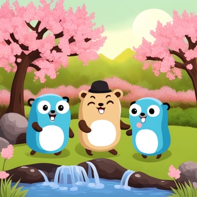 Happy Go Blue Gopher with two friends in a Japanese garden in spring.