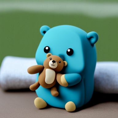 Happy Go Blue Gopher cuddling a teddy bear.