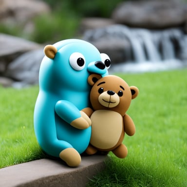 Happy Go Blue Gopher cuddling a teddy bear.
