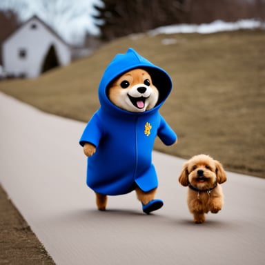 Happy Go Blue Gopher walking a very cute dog.