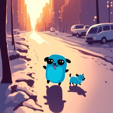 Happy Go Blue Gopher walking a very cute dog.