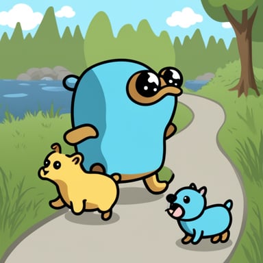 Happy Go Blue Gopher walking a very cute dog.