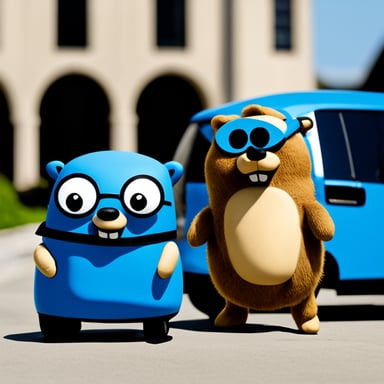 Go Blue Gopher standing beside a blue VW Touran car.