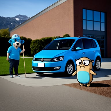 Go Blue Gopher standing beside a blue VW Touran car.